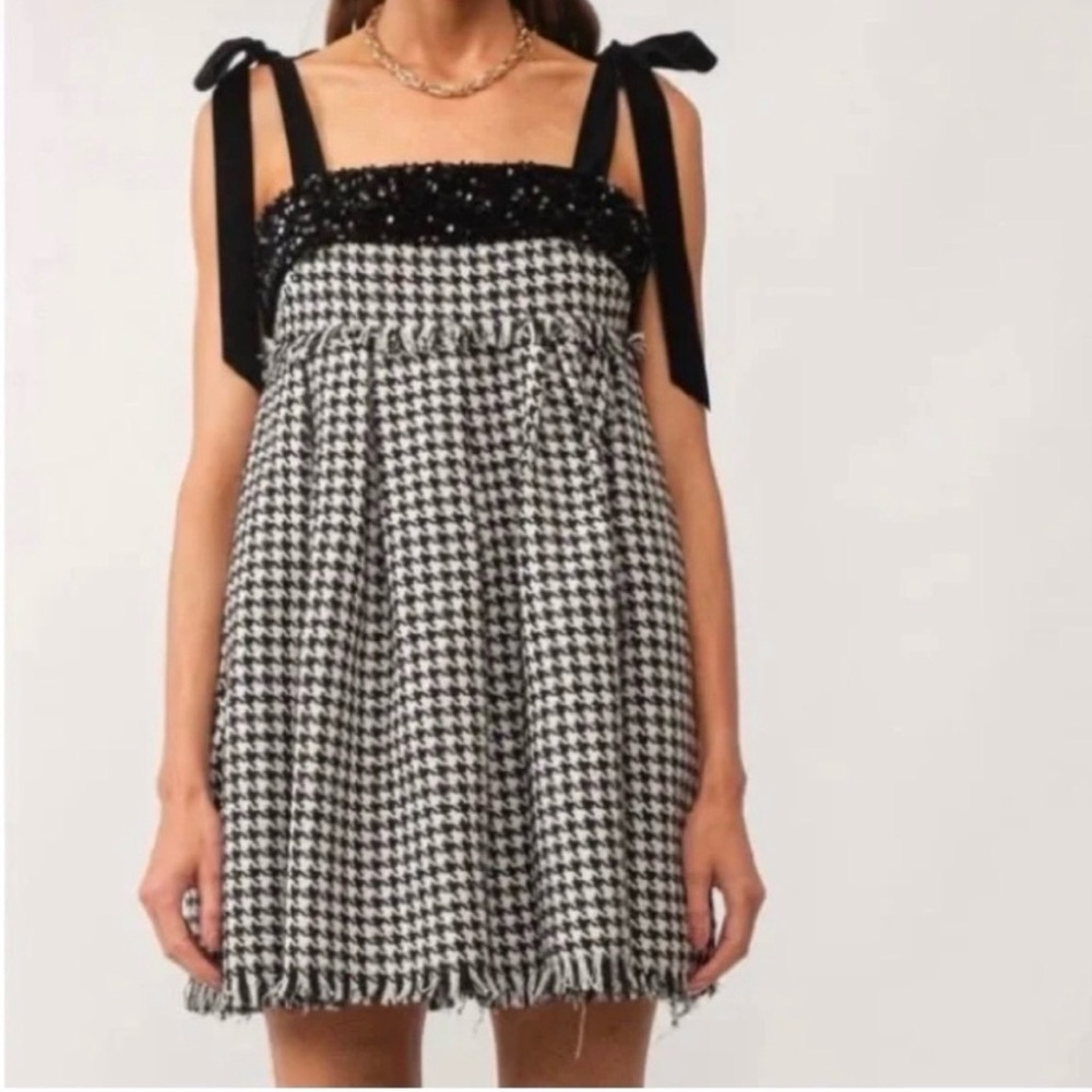 Sofie The Label Women's Houndstooth Velvet Sequin Tweed Mini Dress Black Size S